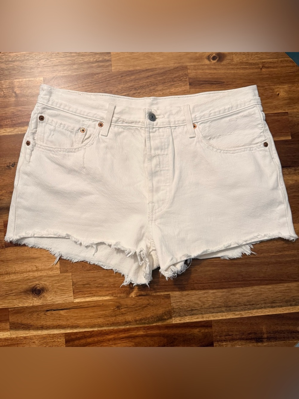 Levi's White Frayed Hem Denim Cutoff Shorts